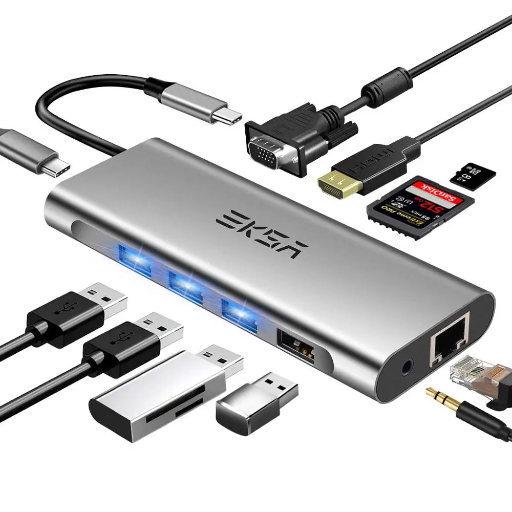 EKSA 11 в 1 USB C концентратор type C концентратор для нескольких USB 3,0 HMDI RJ45 VGA 3,5 мм разъем PD Зарядка для Macbook samsung S8/Note8 USB C - Цвет: ET9H