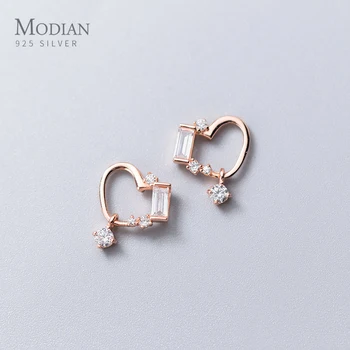 

MODIAN Irregular Ear Studs for Women 925 Sterling Silver Shining Rectangle Zircon Hollow Out Hearts Stud Earring Fine Jewelry
