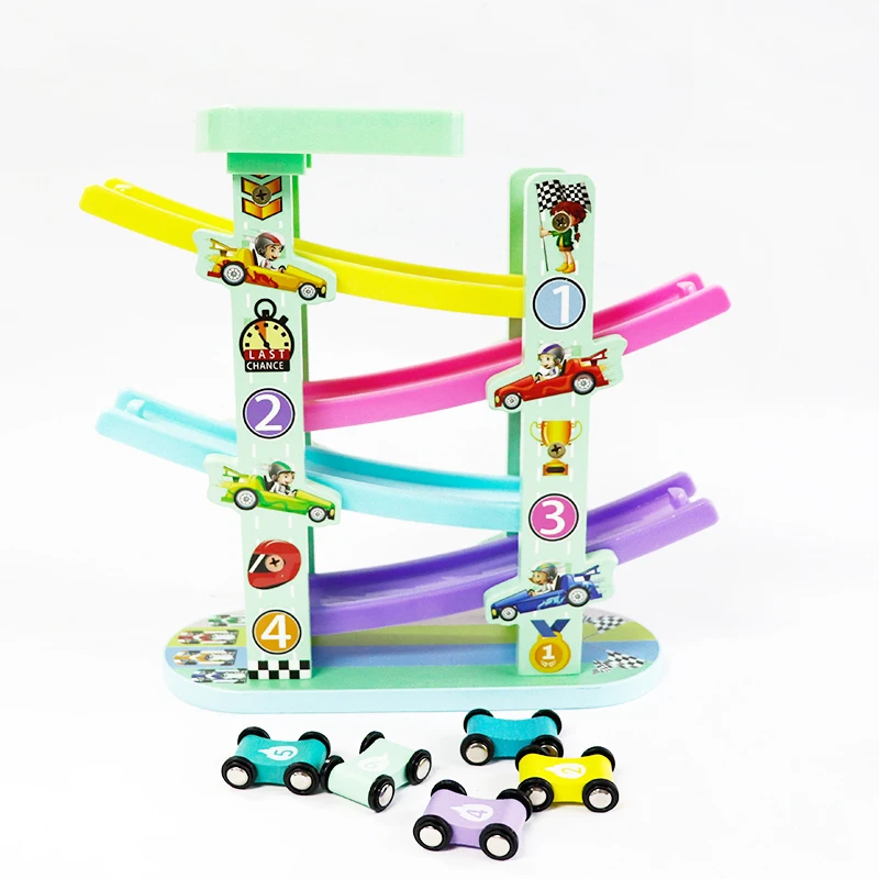 

Wooden Train 4-Layer Race Track & 4 Mini Inertia Race Car Sliding Toy Vehical &Train for Baby Car wooden toy 0608