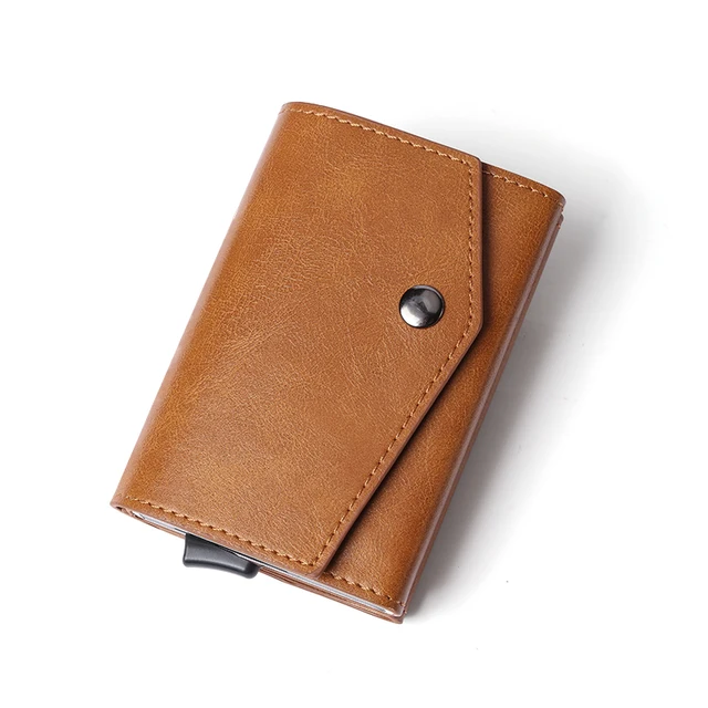 Aluminum Metal Pop up Credit Card Wallet 2021 New Fashion Men RFID NFC Protection Tri-fold PU Synthetic Vintage Smart  Wallet Coffee