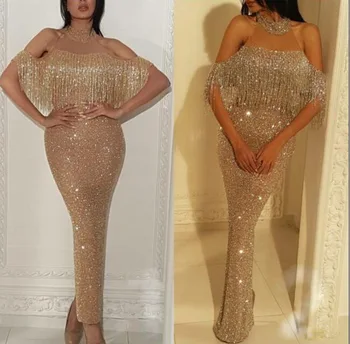 

New autumn 2019 European and American foreign trade club dress hot style sequined fringe off-the-shoulder dress
