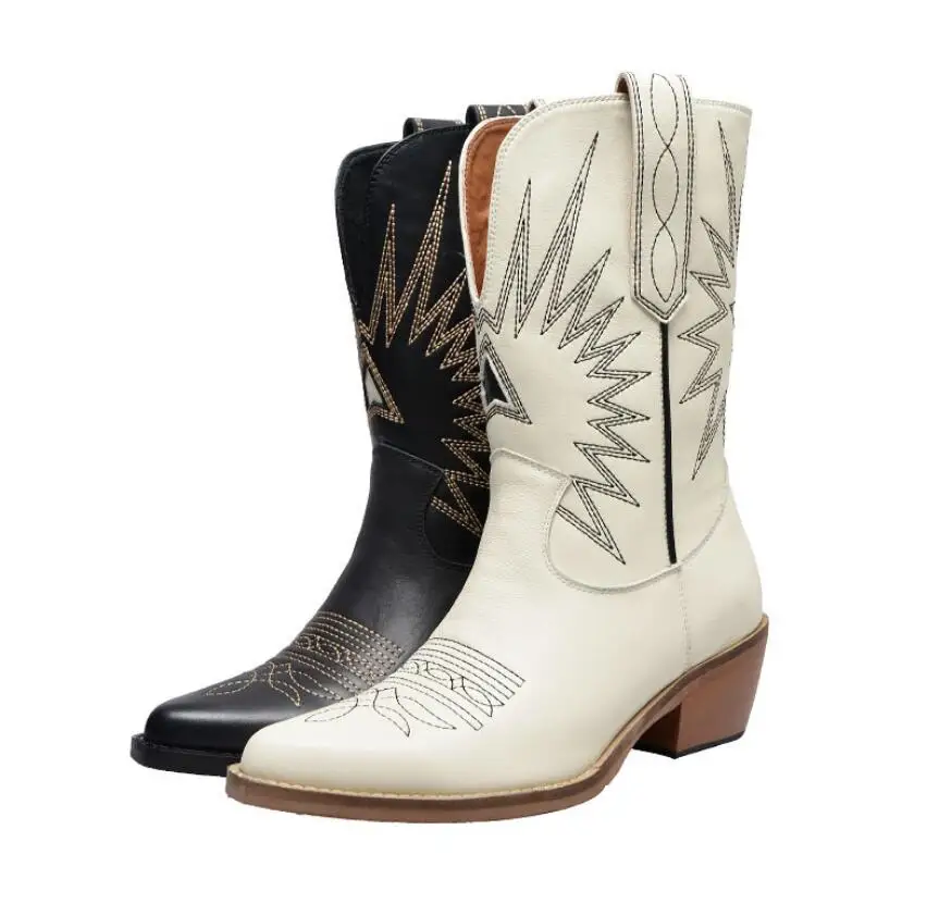 

Chic Lady 2019 New Autumn Winter Mid-calf Boots Short Pointed Toe Bootie Embroidery Slip on V-mouth Martin Boot