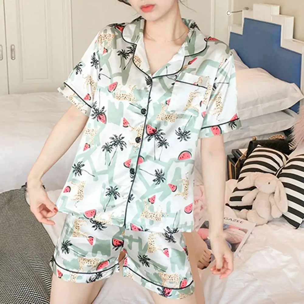 Summer Short Sleeve Silk Print Pajamas Set Two Pieces Set Women Sleepwear Sexy Loose Nightwear Sleeping set пижама женская#D