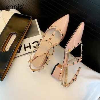 

ENNIS NEW Patented Leather Sandals Closed Toe Summer Shoes Pointed Square Heel Sandals Rivet Buckle Belt Sandals Big Size S0030