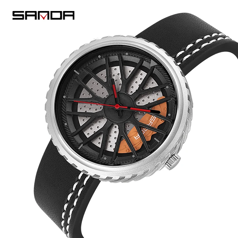 Silver Leather SANDA деловые мужские часы с колесом автомобиля, циферблат, креативные Механические Мужские наручные часы с кожаным ремешком, водонепроницаемые, montre homme - Цвет: Silver Leather