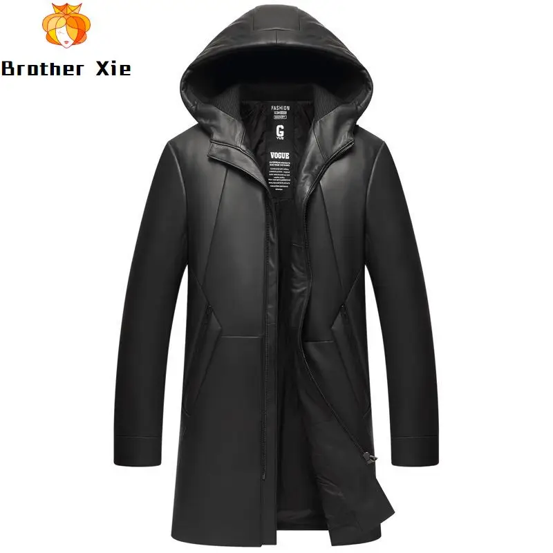 

Mens Real Leather Down Jacket Genuine Sheepskin Long Hooded Windbreaker Coat for Male Plus Size 5XL R2888