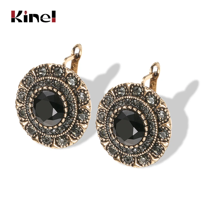 Kinel Hot Boho Gray Crystal Stud Earrings For Women Antique Gold Fashion Black Stone Vintage Earrings Bride Wedding Jewelry - AliExpress