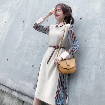 

Women's dress 2020 spring Korean version of medium-length sweater fashion suit Goddess temperament long-sleeved Chiffon Dress