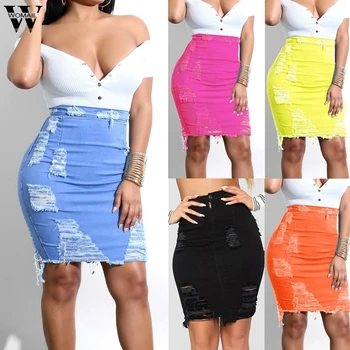 

Womail Women Skirt summer Sexy High Waist Blue Ripped Casual Hole Denim Mini Skirt Bodycon Pencil Skirt Distressed Jeans Club
