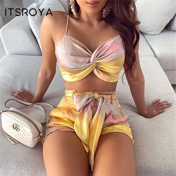 

Itsroya 2020 Bandage Crop And Top Spaghetti Strap Fashion Print Hollow Out Short two piece set Beach Wear Sexy playsuit women