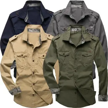 

Men's Casual Military Cargo Dress Shirt Long Sleeve Double Pockets Top Solid Color Fashion Lapel