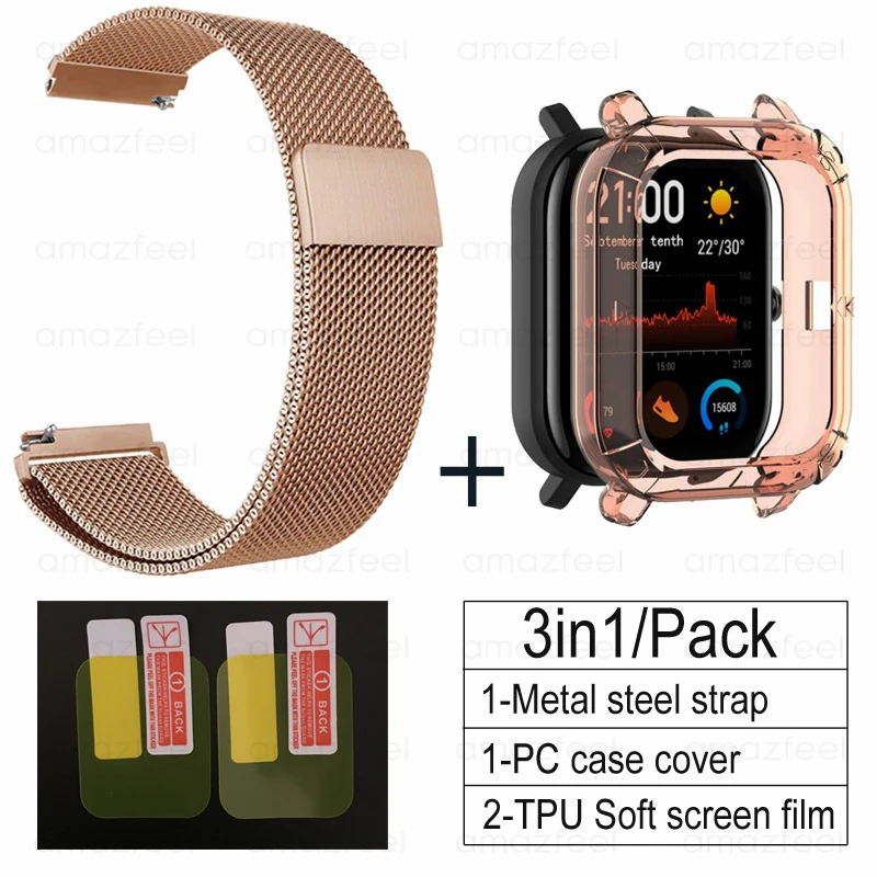 rose gold-pink 3в1 Для Amazfit GTS ремешок+ ТПУ чехол для Huami Amazfit gts Smartwatch Защитная пленка для экрана браслет ремешок на запястье - Цвет: rose gold-pink