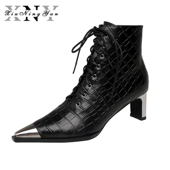 

Xiuningyan Metal Toe Women Ankle Boots Genuine Leather Stone Pattern Leather Ladies Martin Booties Handmade Casual Shoes Woman