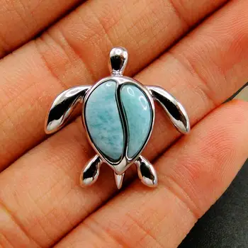 

Beautiful Fine Jewelry 925 Sterling Silver Natural Dominica Larimar Sea Turtle Pendant Necklace For Gift