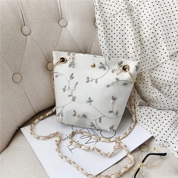 

Women Beach Lace Embroid Bucket Bag Square Bag Messenger Bag Ladies Hand Bags PU Chain Shoulder Bag Lace embroidery decoration