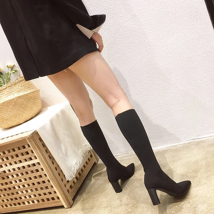 Вязаные женские носки до колена с острым носком однотонные модные ботинки без застежки женские пикантные Демисезонные ботинки обувь на толстом высоком каблуке