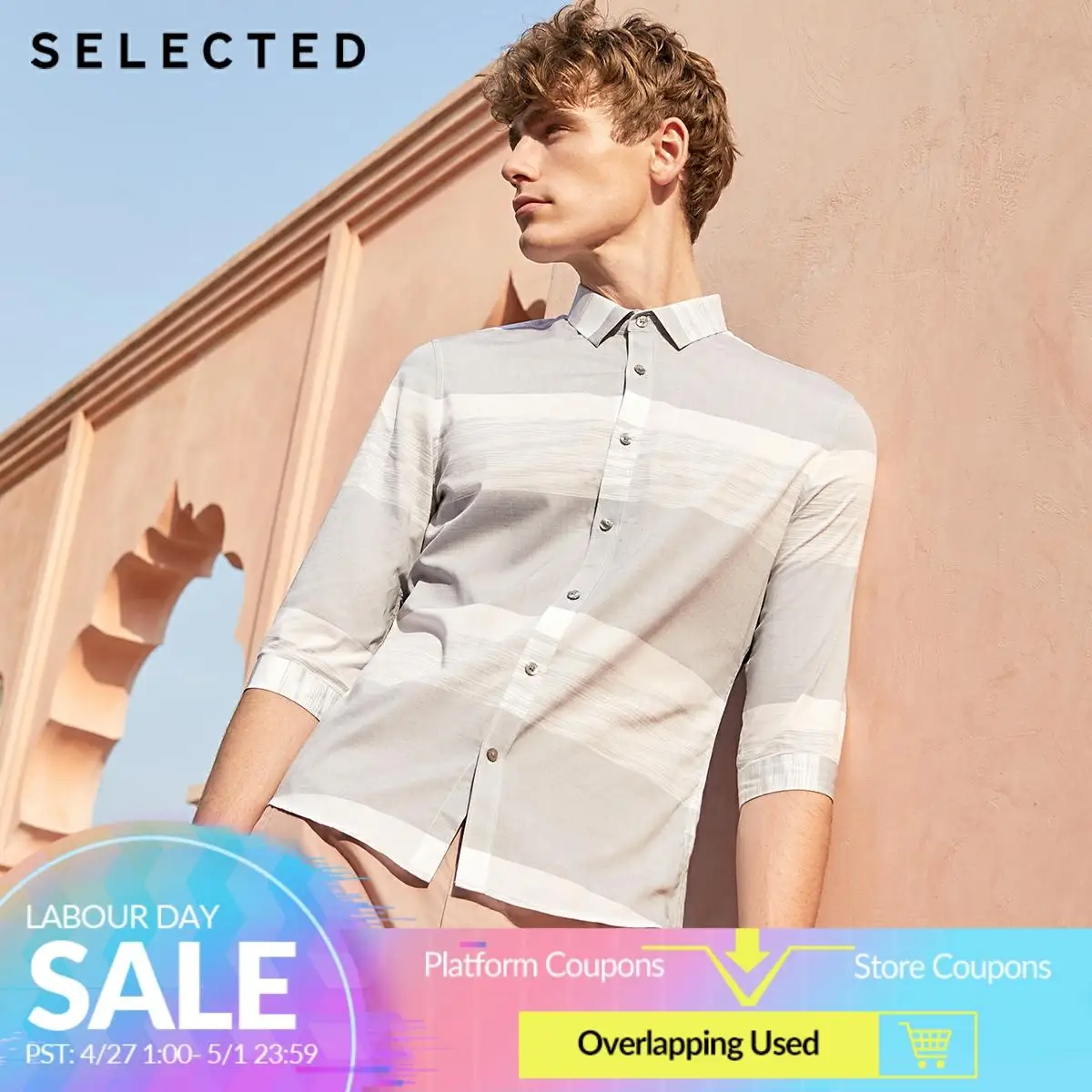 

SELECTED Men's Slim Fit Cotton Striped Contrast Stitching Business Casual 3/4 Sleeves Shirt S|419131511