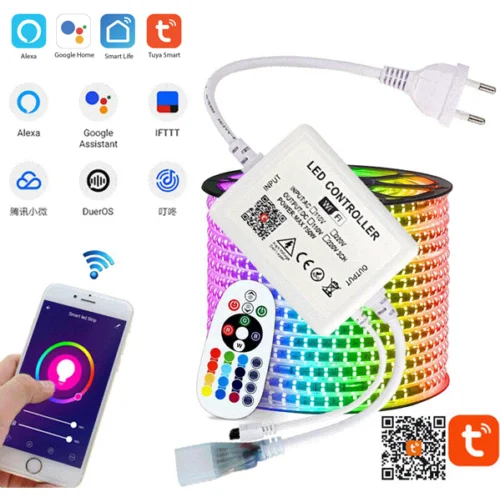 1-15M TUYA Smart WIFI LED Strip 220V RGB Tape Voice Control RGB LED Lights Strip 5050 Waterproof Outdoor Garden For Alexa Google