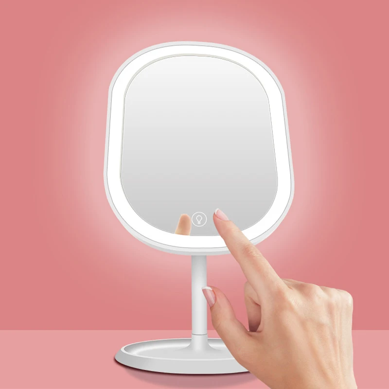 Светодиодный светильник для макияжа, сенсорный трехцветный светильник, овальное зеркало для макияжа, настольное зеркало для макияжа, зарядка через usb, реверсивное зеркало