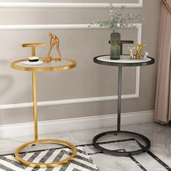 Table basse ronde en fer forgé et marbre, meuble de salon moderne et léger 