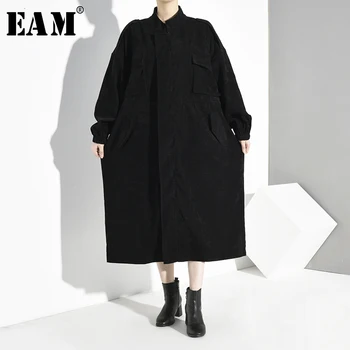 

[EAM] Women Black Corduroy Big Size Trench New Stand Collar Long Sleeve Loose Fit Windbreaker Fashion Spring Autumn 2020 1D1600