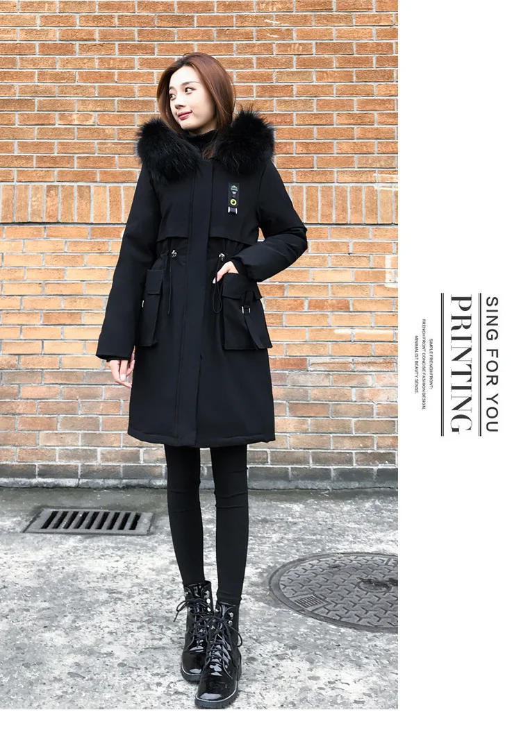 Winter New Style Simple Versatile Parka Korean-style Fashion Hooded Mid-length Black And White with Pattern Cotton-padded C