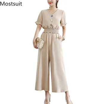 

2020 Summer Fashion Korean Two Piece Sets Women Single-breasted Tops + Wide Leg Pants Suits Elegant Solid Female 2 Pcs Sets