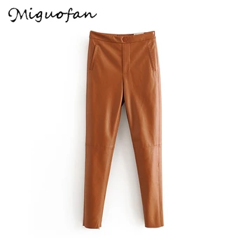 

Miguofan trousers women faux Leather Pants Solid Color Zipper cargo Pockets Black Pants Winter Streetwear calca feminina panties