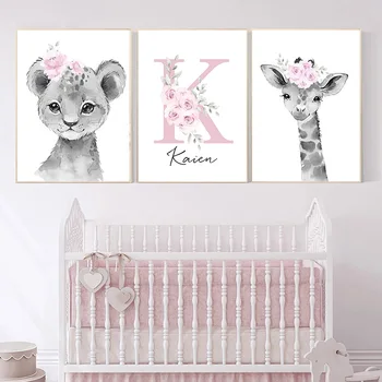 Póster personalizado con nombre de bebé para guardería, lienzo de pintura con impresión de flores rosas, animales, arte de pared para decoración de dormitorio de niñas