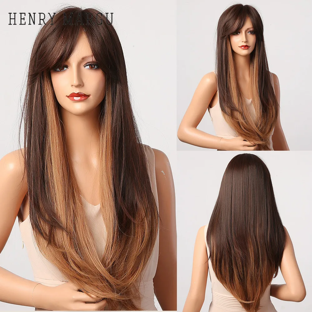 

HENRY MARGU Long Straight Layered Heat Resistant Wig Ombre Brown Mix Blonde Synthetic Wig with Middle Part Bangs for Black Women