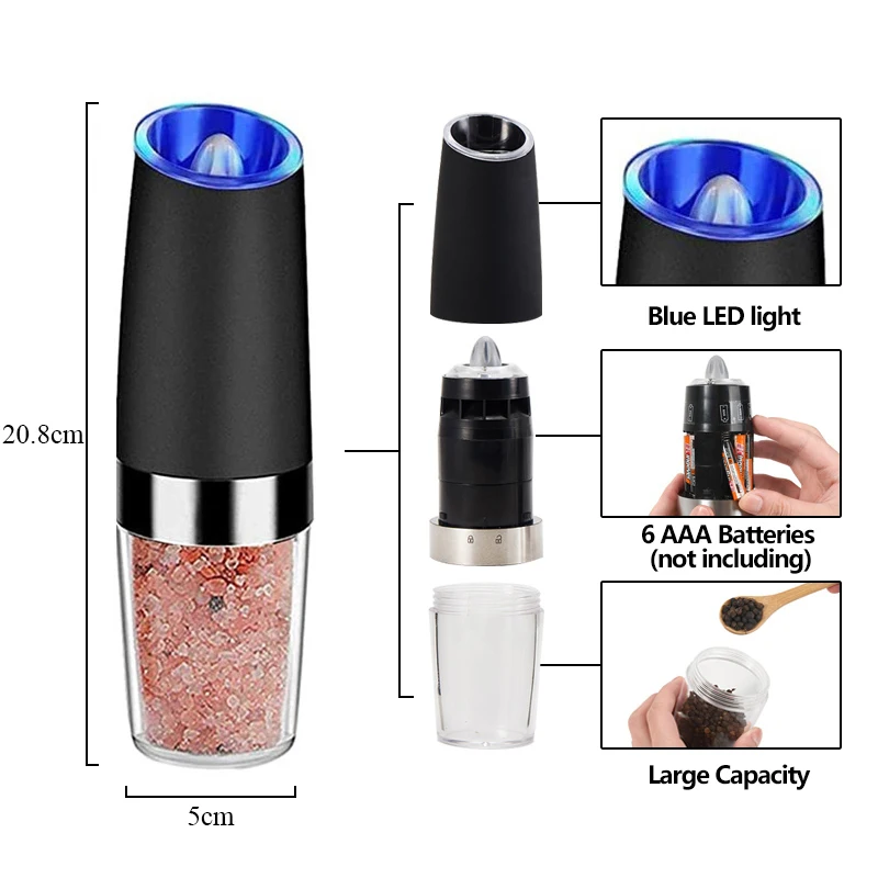 Gravity Electric Salt And Pepper Grinder Set, Battery Powered Led Light Pepper  Grinder, One Hand Automatic Operation, Adjustable Coarseness Pepper Mill,  Spice Shakers, Kitchen Gadgets, Gift Ideas, Chrismas Gifts, Halloween Gifts  