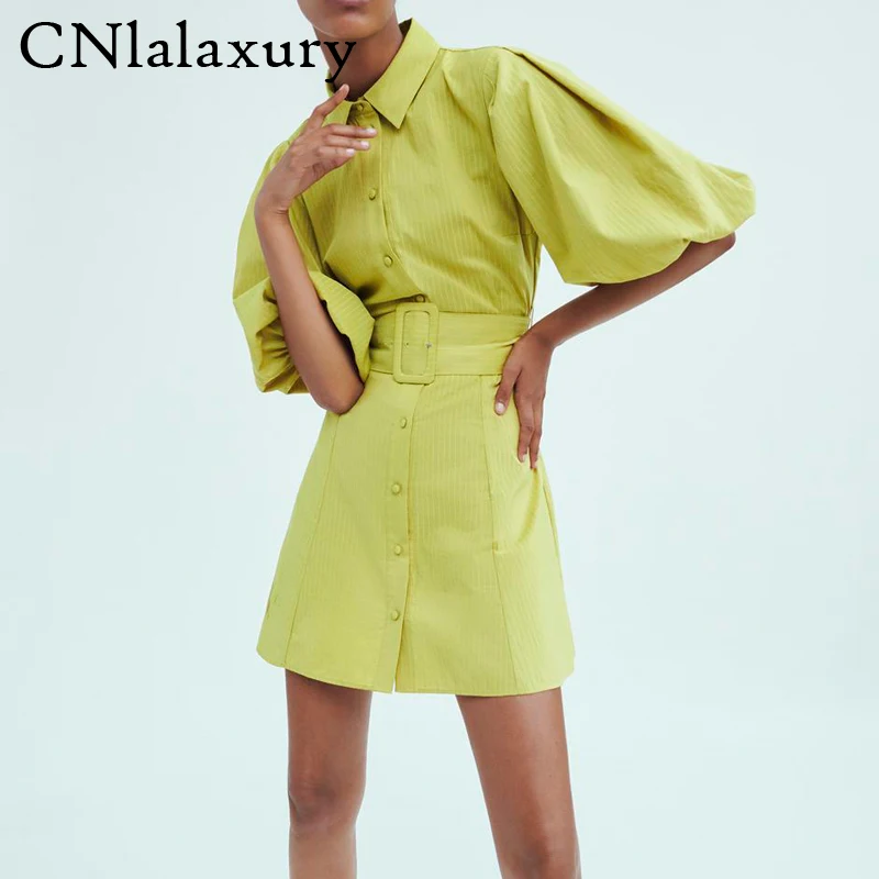 New Single Breasted Loose High Waist Belted Casual Short Dress Puff Sleeve Female Fashion A-line Mini Dresses vestido de mujer | Женская