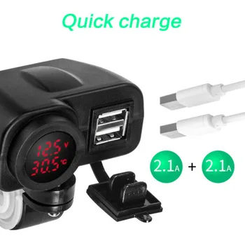 

Red LED 12V Motorcycle USB Charger 2.1A+2.1A W/ Digital Voltmeter + Thermometer