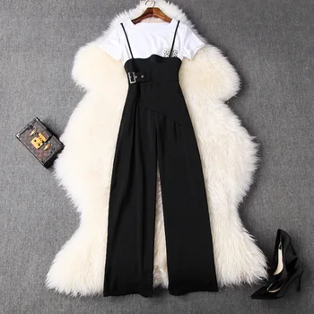 

Summer clothes for Women two piece set top and pants summer white tshirt patchwork pocket spaghetti strap black pants