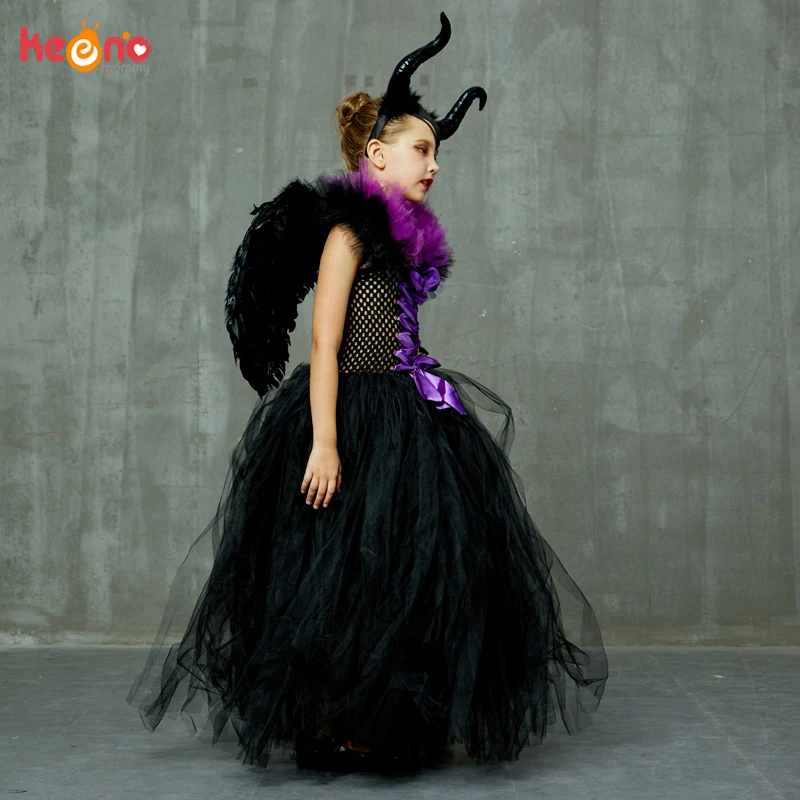 Maleficent/черное платье-пачка с роскошными рогами и крыльями; нарядное платье для девочек; Детский костюм ведьмы для косплея на Хэллоуин