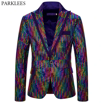 

Colorful Rainbow Glitter Sequin Blazer Jacket Men One Button Peak Lapel Slim Mens Blazers Party Stage Prom Clothes for Singers