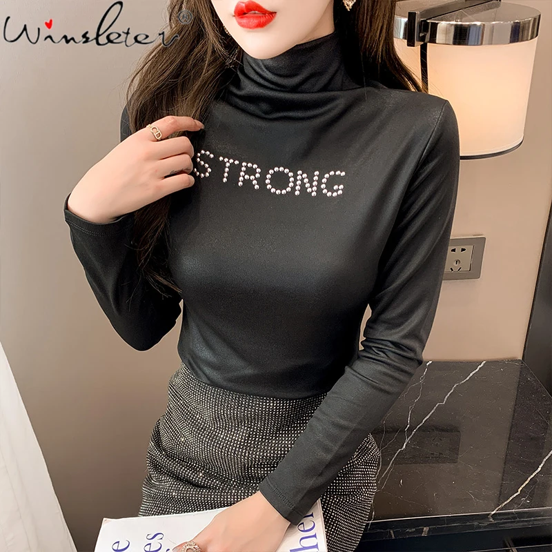 

MadBlack Fall Winter Thick T-Shirt Chic Sexy Gold Blocking Turtleneck Shiny Rivet Women Tops Lady Slim Fleece New Tees T1D201A