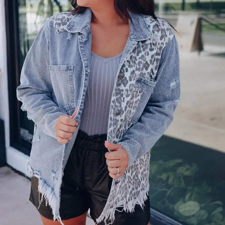 Fashion Contrast Leopard Jeans Jacket 