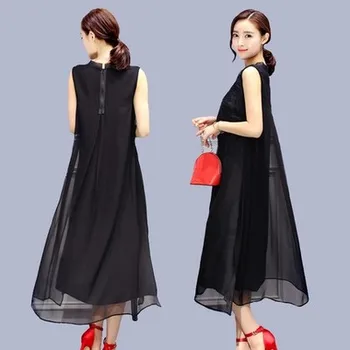 

2020 Summer Middle Aged Plus Size 5xl Fashionable Women Long Dress Sleevless Retro Loose Embroidery Black Women Dresses