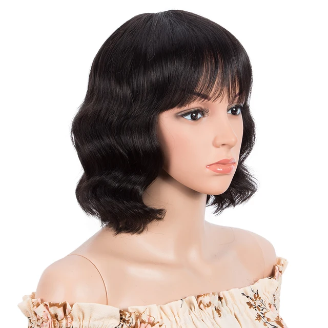 Lekker Short Deep Wave Bob Human Hair Wig With Bangs For Women Colored Brazilian Remy Natural Wavy Ombre Blonde Burgundy Red Wig 1B