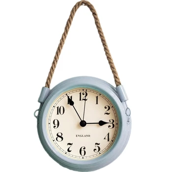 

Nordic Modern Minimalist Wall Clock Living Room Pastoral Iron Metal Hanging Clocks Creative Quartz Mute Clock with Hemp Rope-Blu