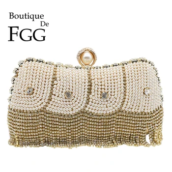

Boutique De FGG Crystals Tassel Women Gold Evening Bags Beaded Purses and Handbags Wedding Bridal Diamond Clutch Bag