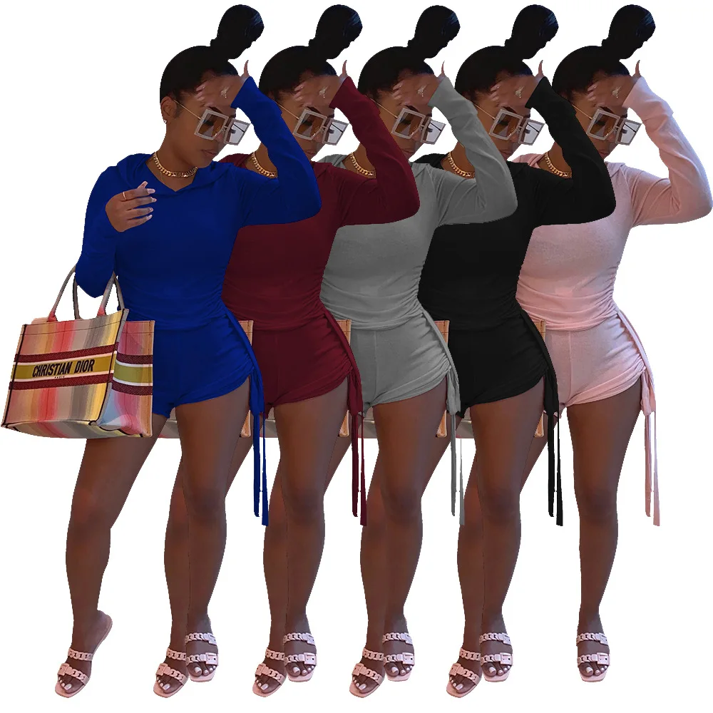 

Fashion Women Two Piece Outfits Pullover Hooded Long Sleeve Tops Drawstring Shorts Women Tracksuit Matching Sets Streetwear
