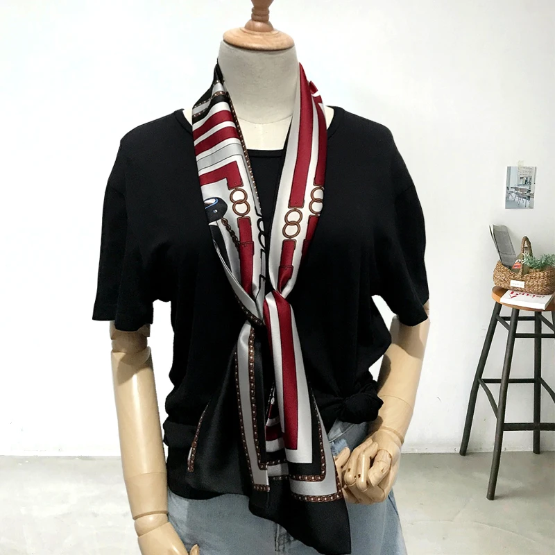 Весенний узкий длинный шелковый шарф для девочек с двойной печатью, модные женские атласные Галстуки-шарфы шелковый платок 15 см* 145 см - Цвет: NO.19
