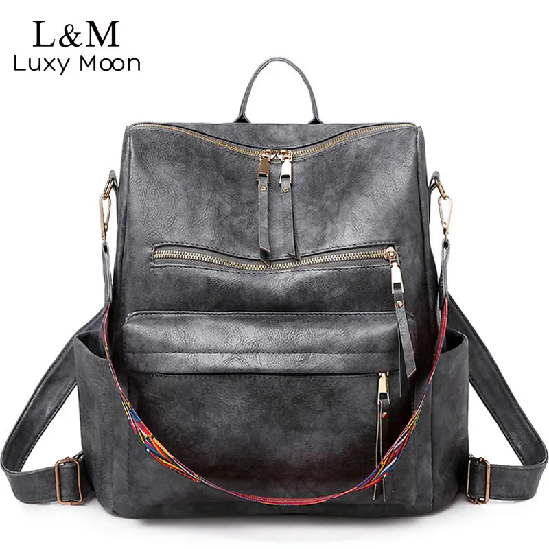 

Multifunction Backpack Women Leather Backpacks Large Capacity Bag Vintage back pack With Ethnic Strap mochila mujer 2019 XA55H