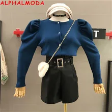 ALPHALMODA, новинка, однобортный женский кардиган с рукавом-фонариком, модный вязаный кардиган, однотонный Повседневный вязаный наряд на осень и зиму