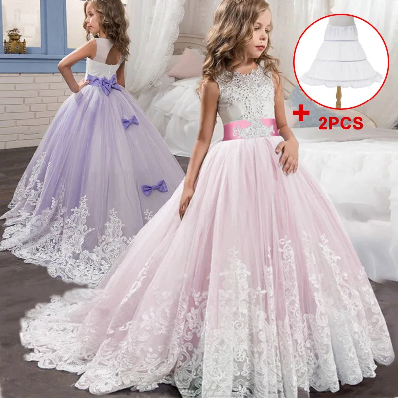 Платье принцессы с кружевным бантом и цветочным узором для девочек; платья без рукавов с открытой спиной для первого причастия; платья для свадебной вечеринки; торжественное платье с пышным платьем