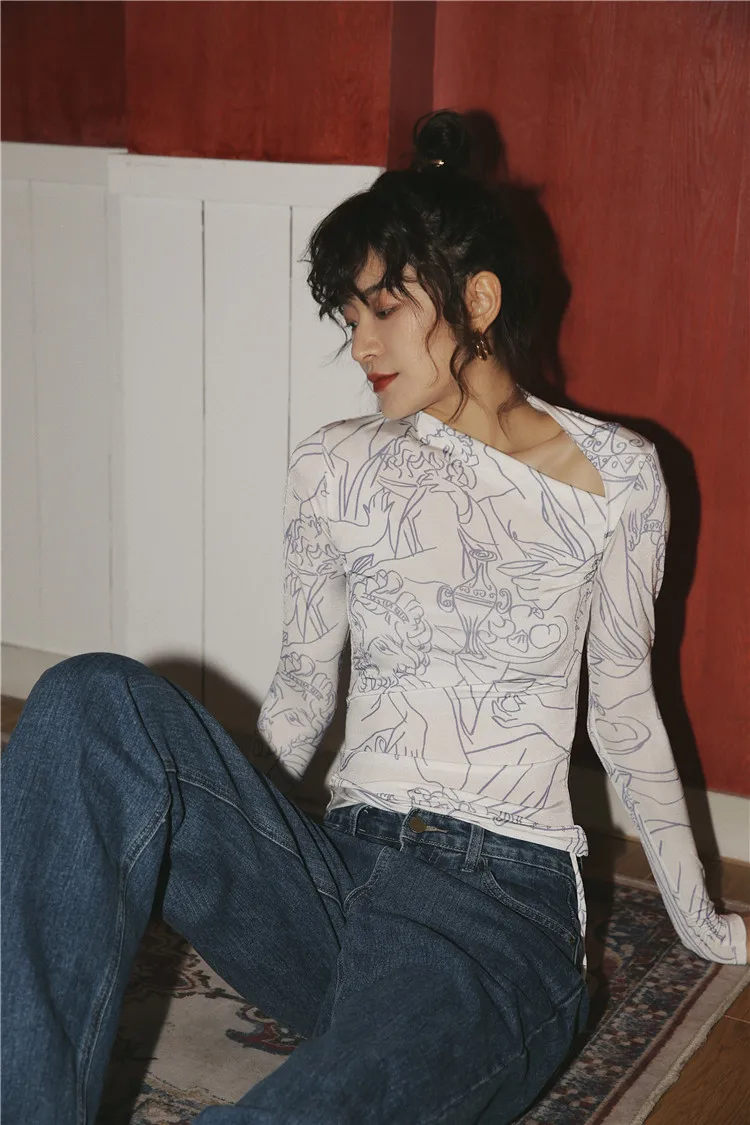 Skup Cheerart rysunek drukuj T Shirt kobiety nieregularne na kark i ciało koszulka Shir designerski top bielizna spadek koszulka Femme odzież