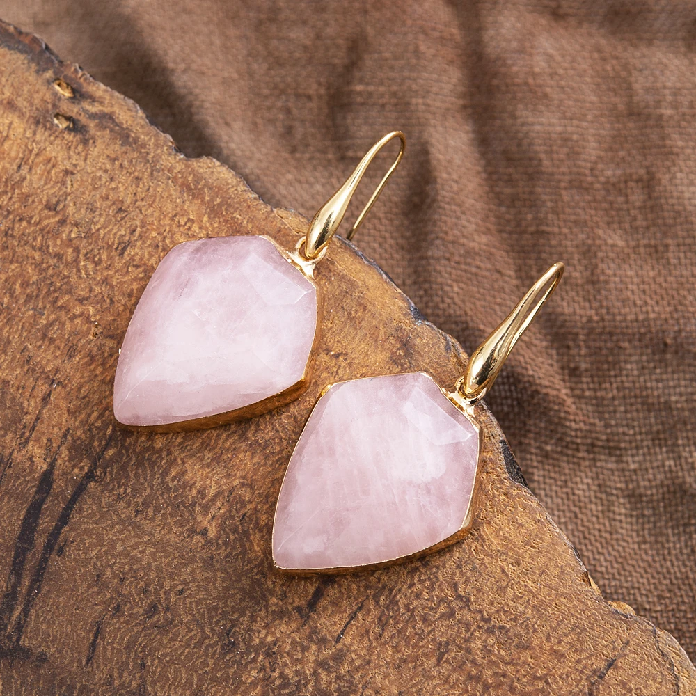 Pink Quartz Shield Dangle Earrings