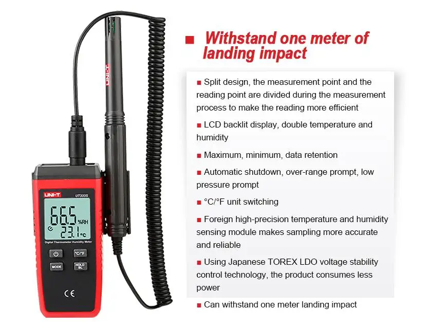 UNI-T UT333S Mini Temperature Hygrometer Sensor LCD Digital Thermometer Indicates LCD Backlight